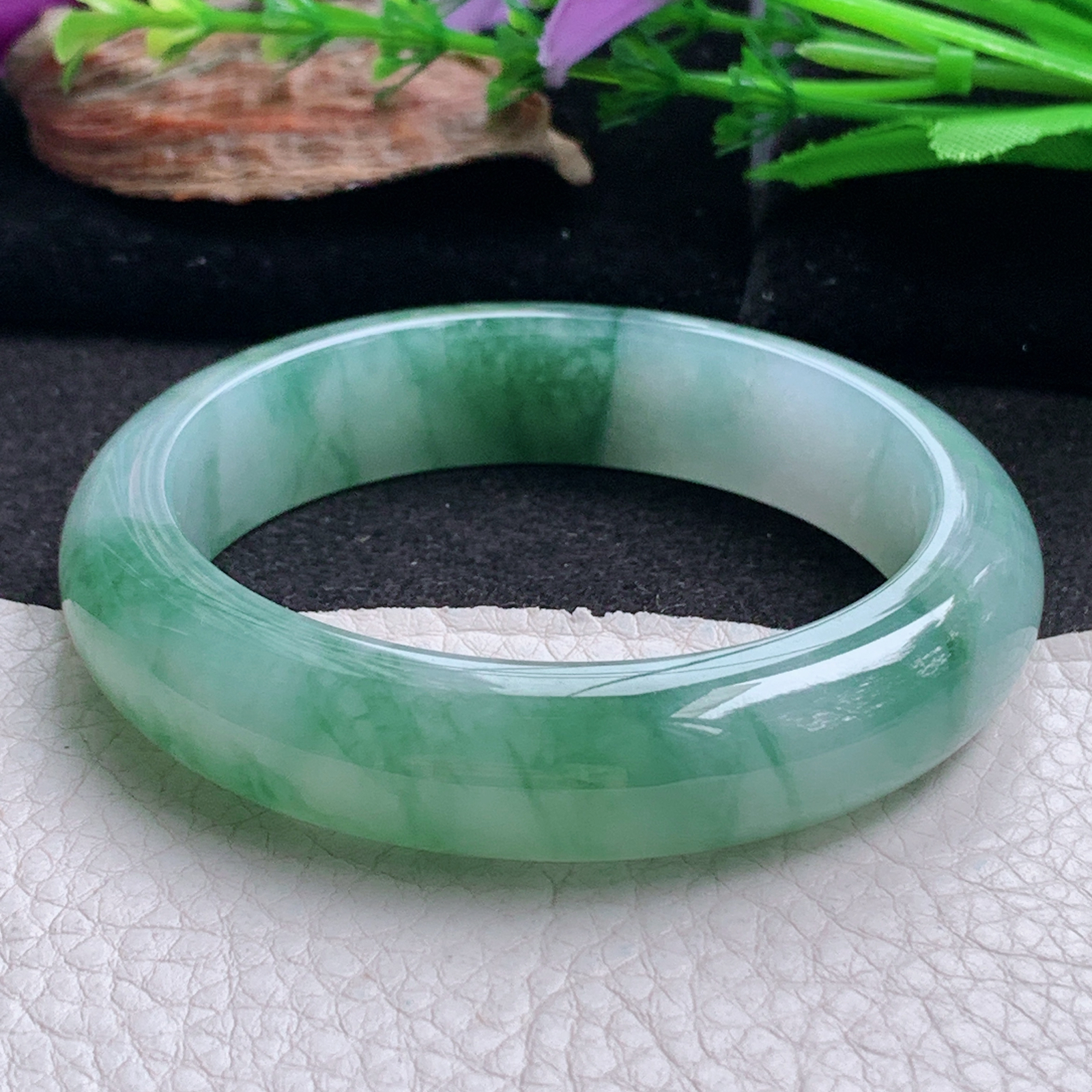 ax实拍56*13.8*8.6平安镯 天然翡翠a货手镯冰飘花厚装大气正圈玉镯子