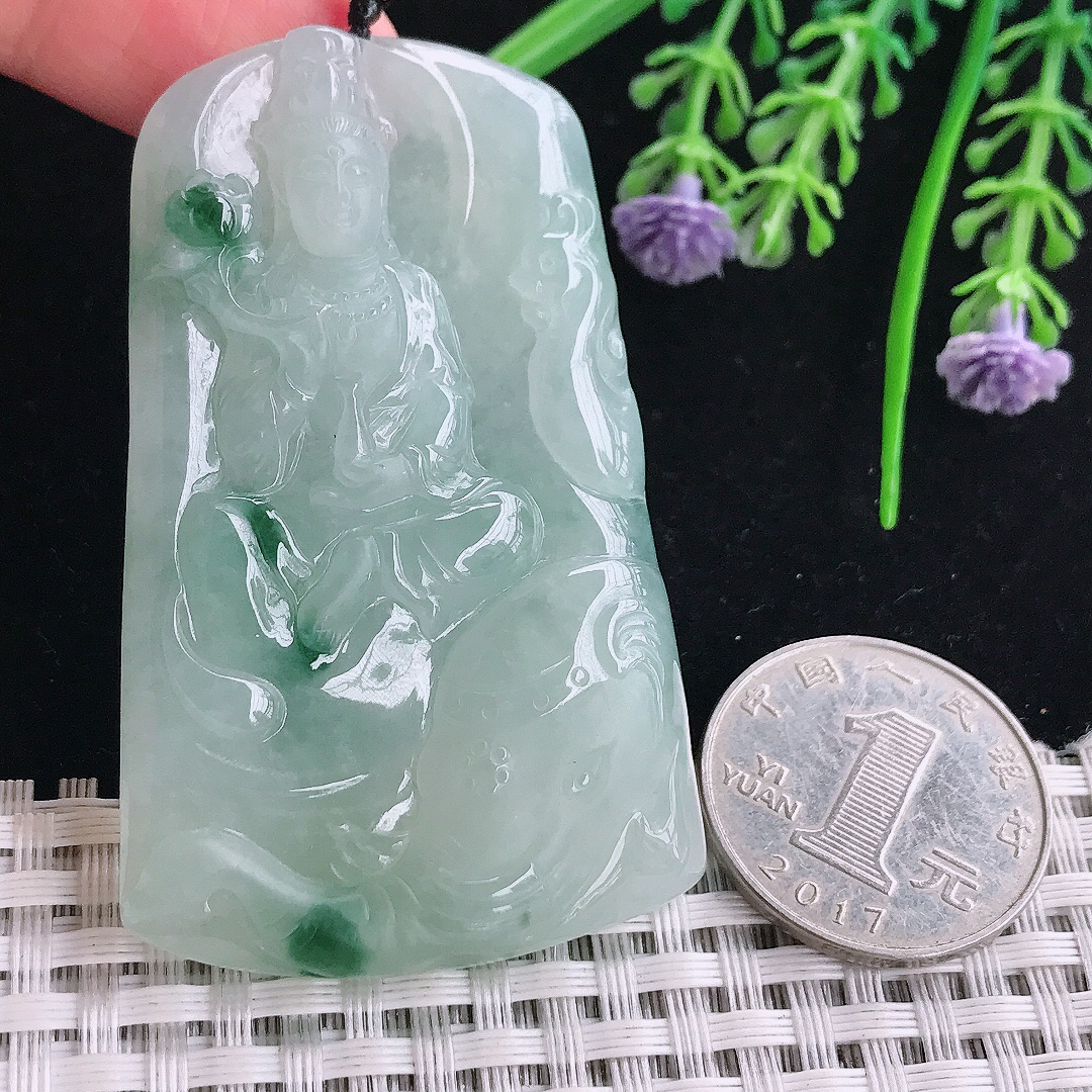 实拍A货翡翠52.6/31.5/6老坑冰胶果冻飘花普贤菩萨吊坠翡翠玉挂件