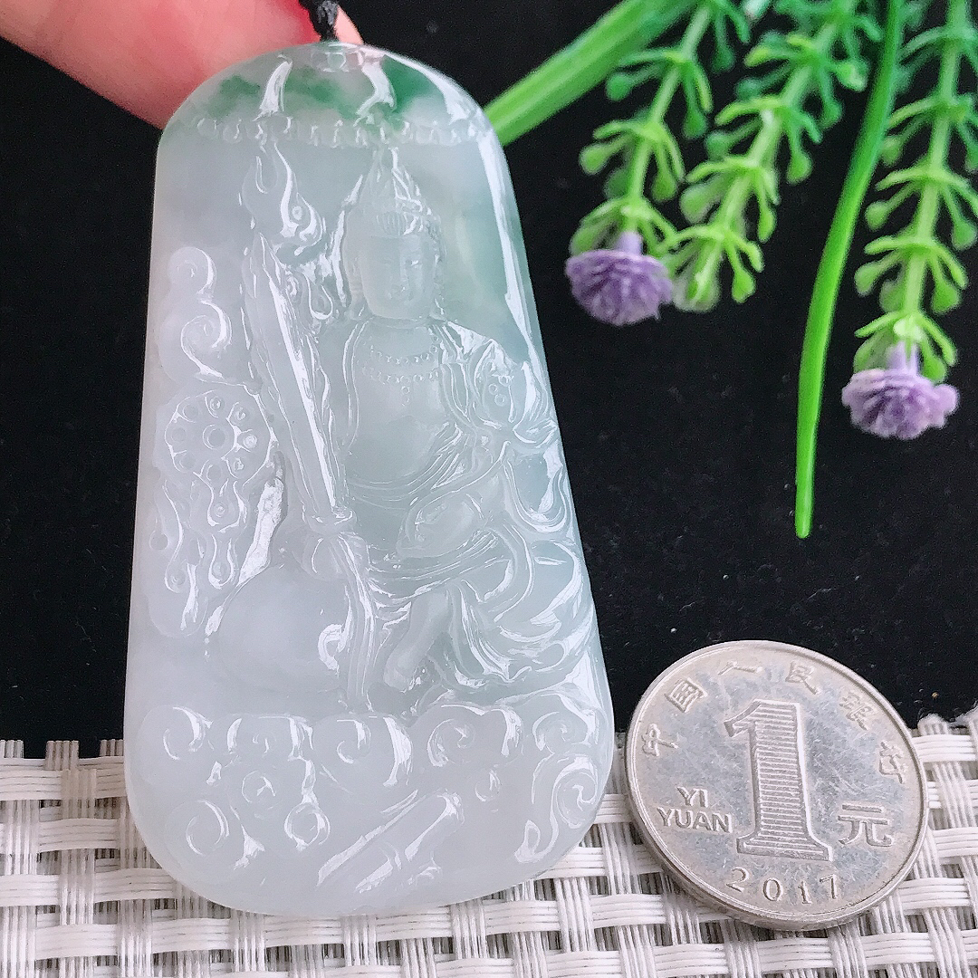 实拍A货翡翠67.5/37.5/5.5老坑冰胶水灵飘花虚空藏菩萨吊坠翡翠玉挂件