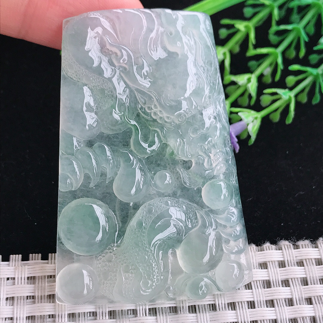 实拍A货翡翠60/41/5.5老坑冰种起胶冰晴底龙牌吊坠翡翠玉挂件