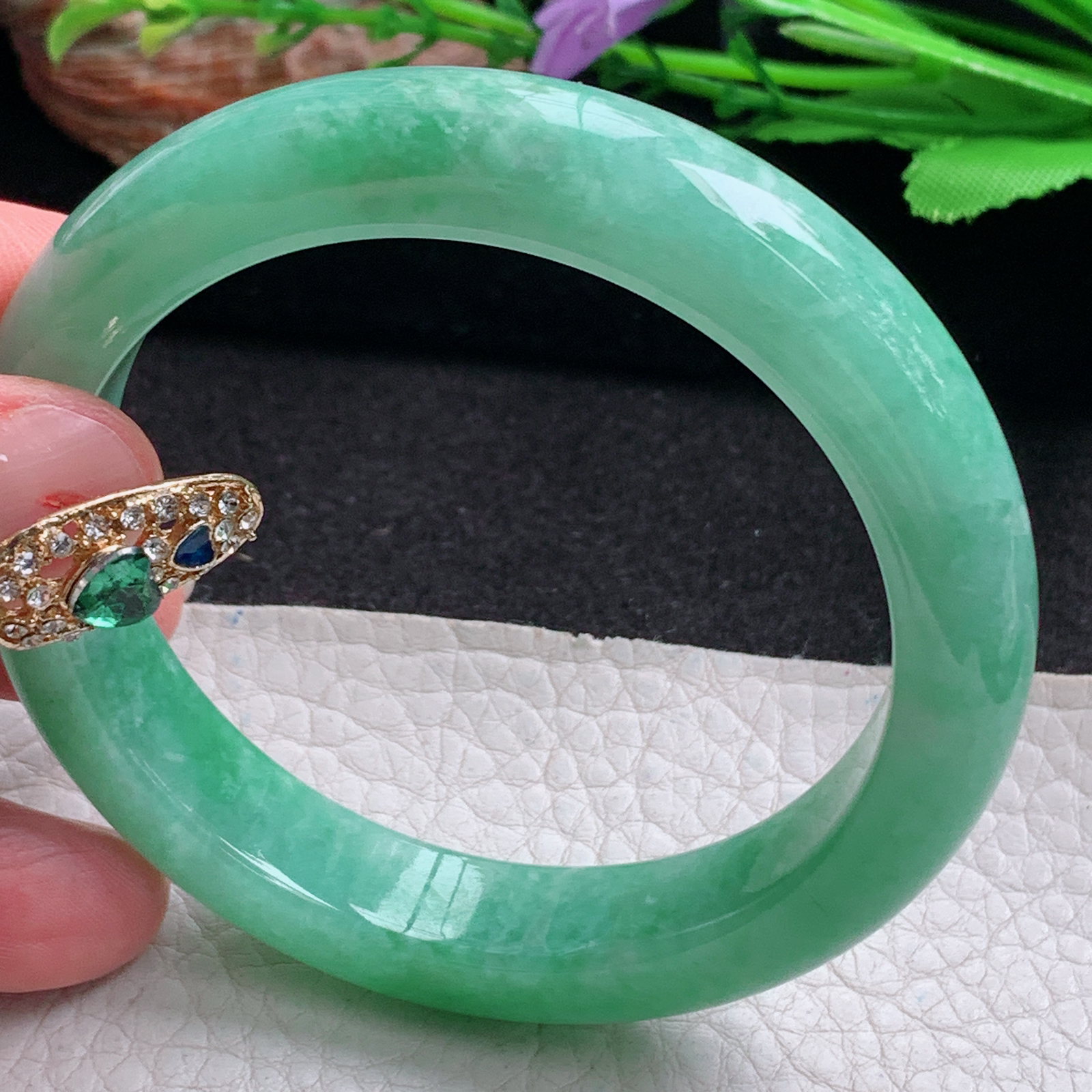 yh实拍56.5*12*8.8平安镯 天然翡翠a货手镯满绿正圈玉镯子