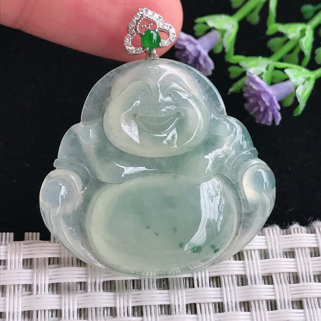 实拍A货翡翠34/36.6/6.6老坑18k金镶嵌冰晴飘花佛公吊坠翡翠玉挂件