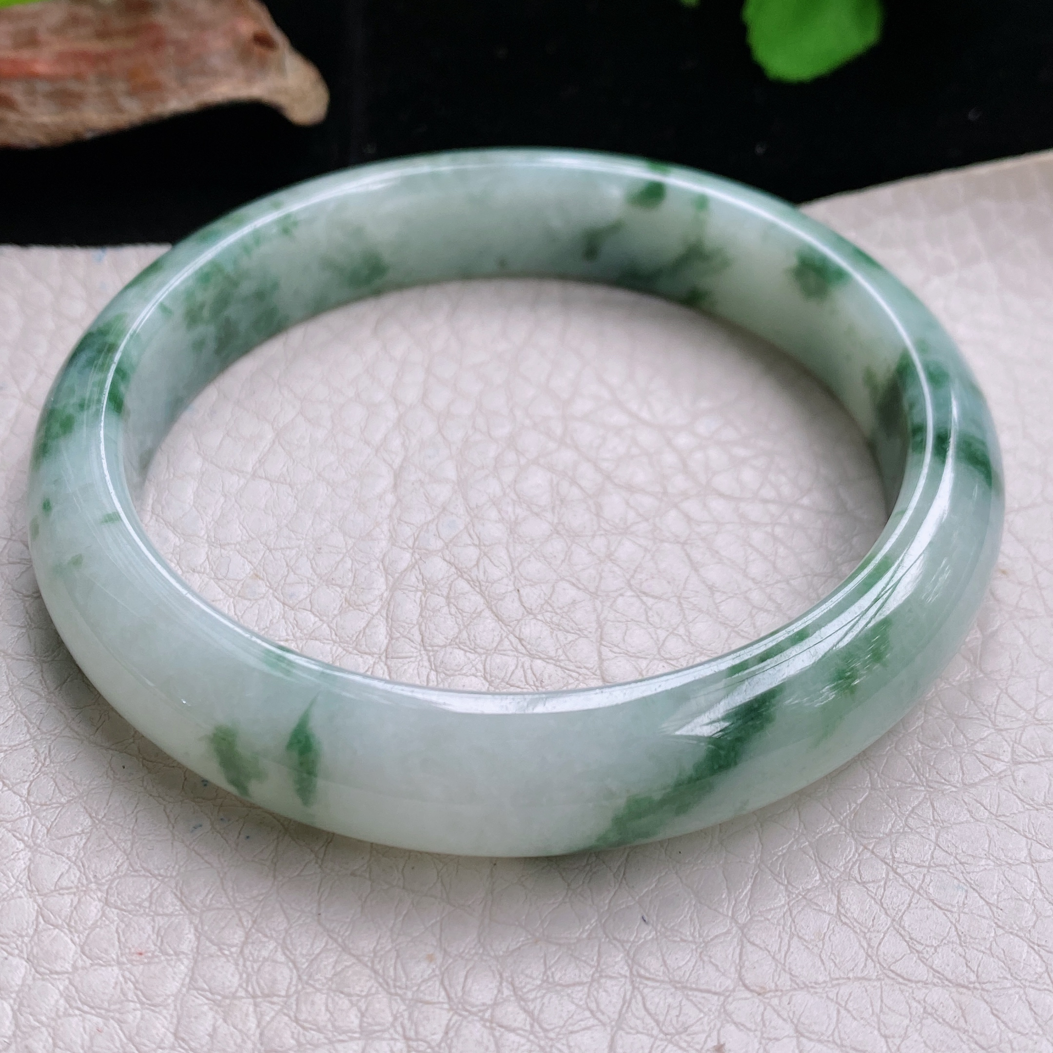 ll大圈口63*12.5*8.3平安镯 天然缅甸翡翠手镯飘花宽边正圈玉镯子