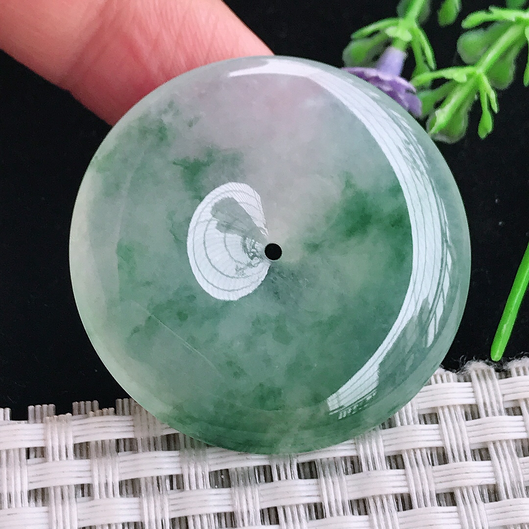 实拍A货翡翠38.5/7老坑冰胶果冻冰飘花平安扣吊坠翡翠玉扣挂件