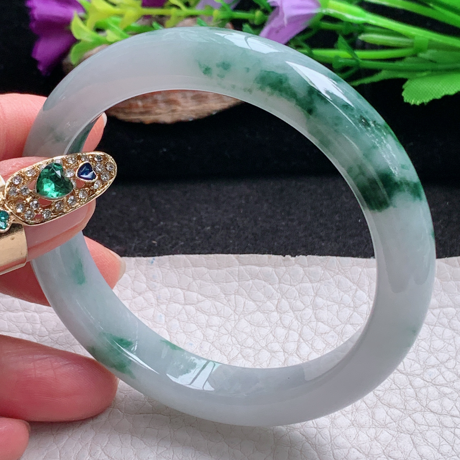 js实拍58*11.8*8.8平安镯 天然翡翠a货手镯冰飘花正圈玉镯子