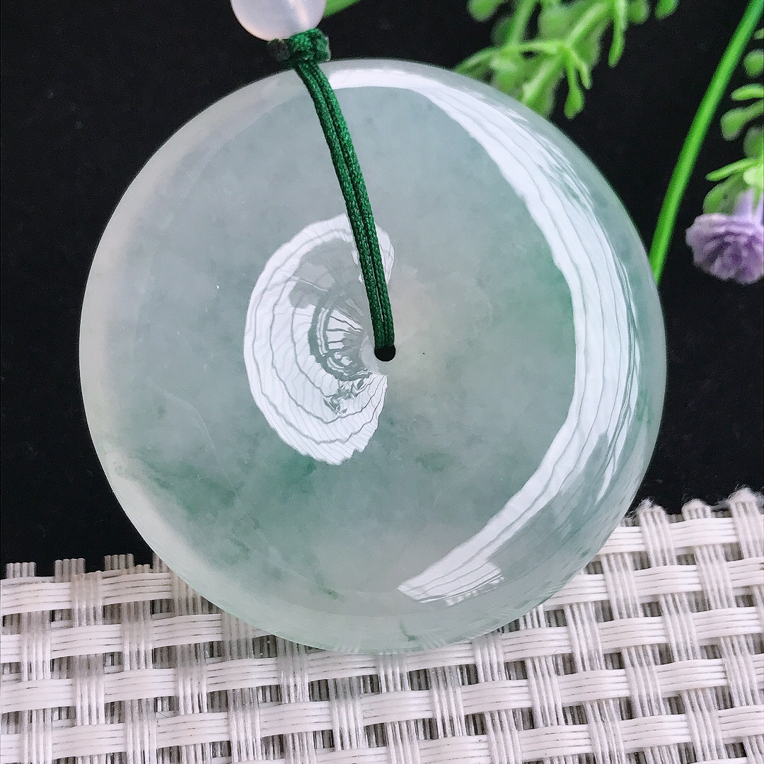 实拍A货翡翠49.6/10.5老坑冰种果冻胶冰飘花超大平安扣吊坠翡翠玉挂件