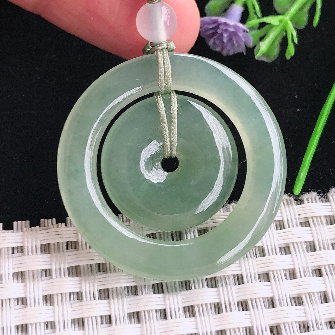 实拍A货翡翠35/3.9老坑冰胶水灵冰晴绿母子扣吊坠翡翠玉挂件