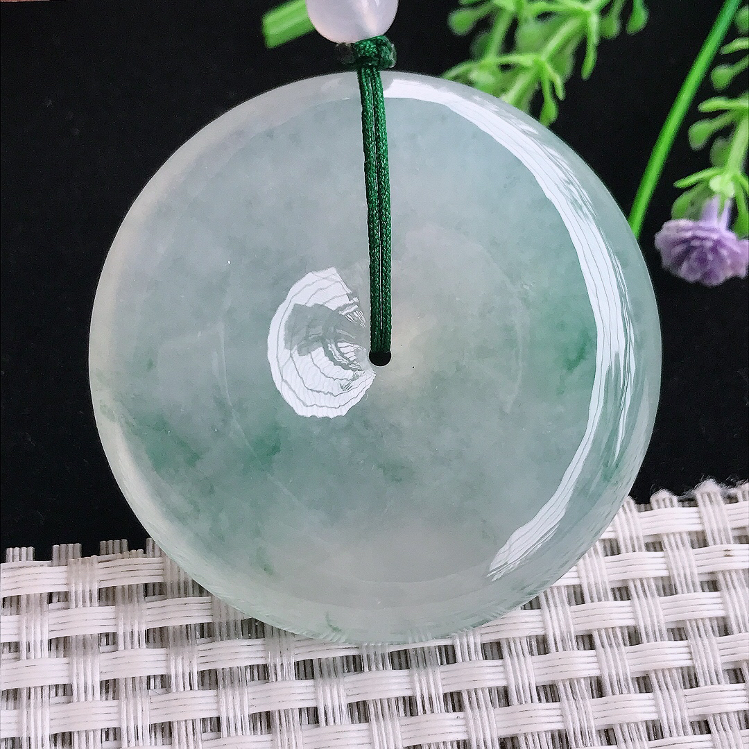 实拍A货翡翠49.6/10.5老坑冰种果冻胶冰飘花超大平安扣吊坠翡翠玉挂件