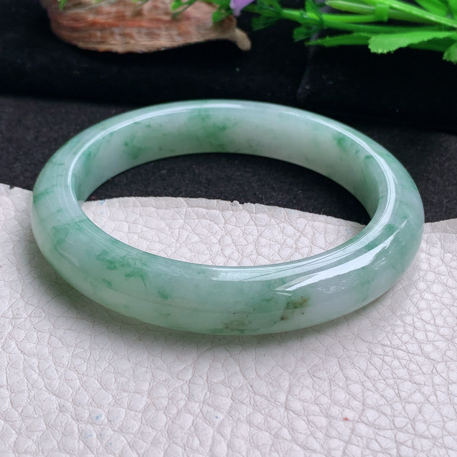 yh大圈口61.5*12*9.6平安镯 天然翡翠a货手镯冰飘花正圈玉镯子