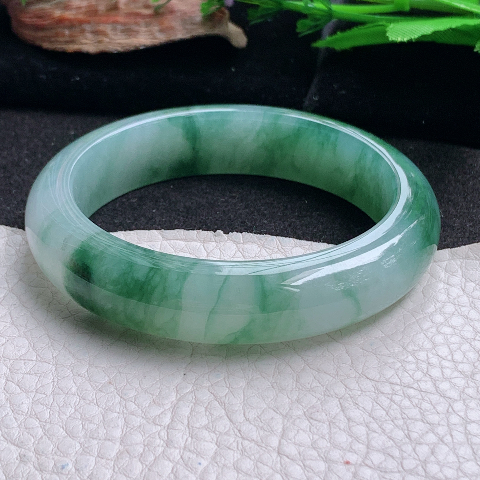 ax实拍56*13.8*8.6平安镯 天然翡翠a货手镯冰飘花厚装大气正圈玉镯子