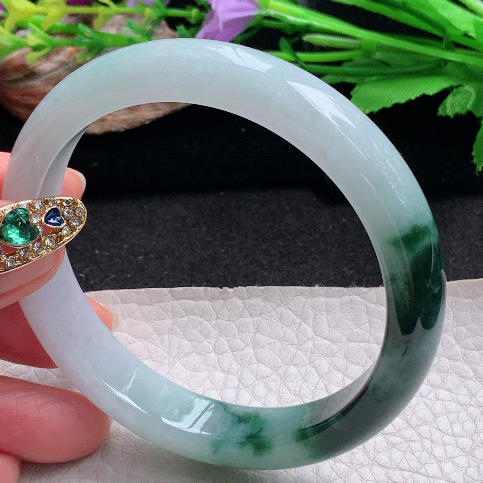 js大圈口60*12*7.7招财镯 天然翡翠a货手镯辣色半山半水正圈玉镯子