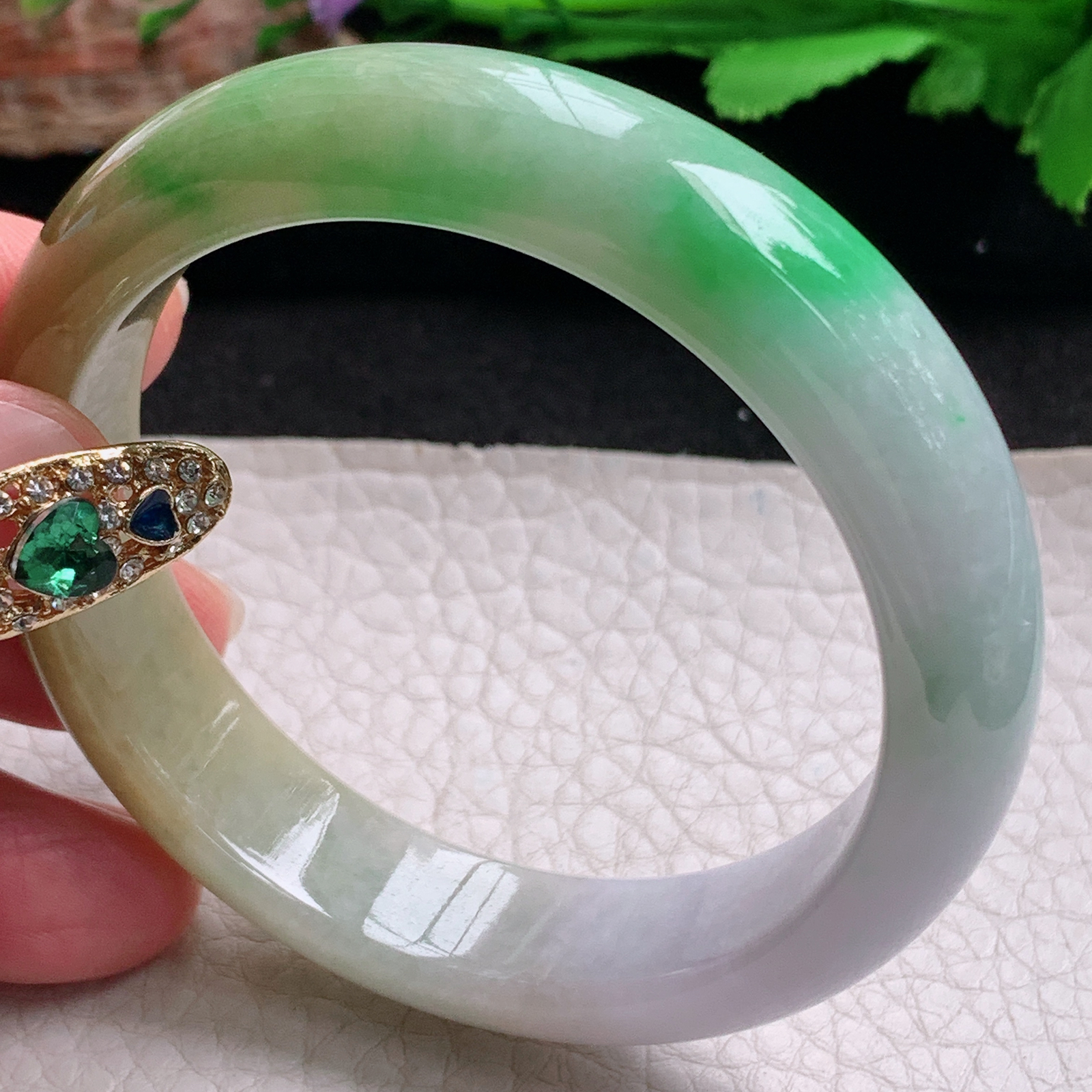 hh实拍53*13.3*7.5平安镯 天然翡翠a货手镯水润三彩正圈玉镯子