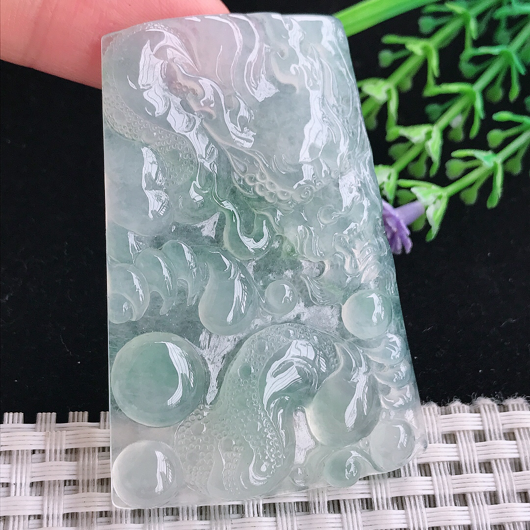 实拍A货翡翠60/41/5.5老坑冰种起胶冰晴底龙牌吊坠翡翠玉挂件