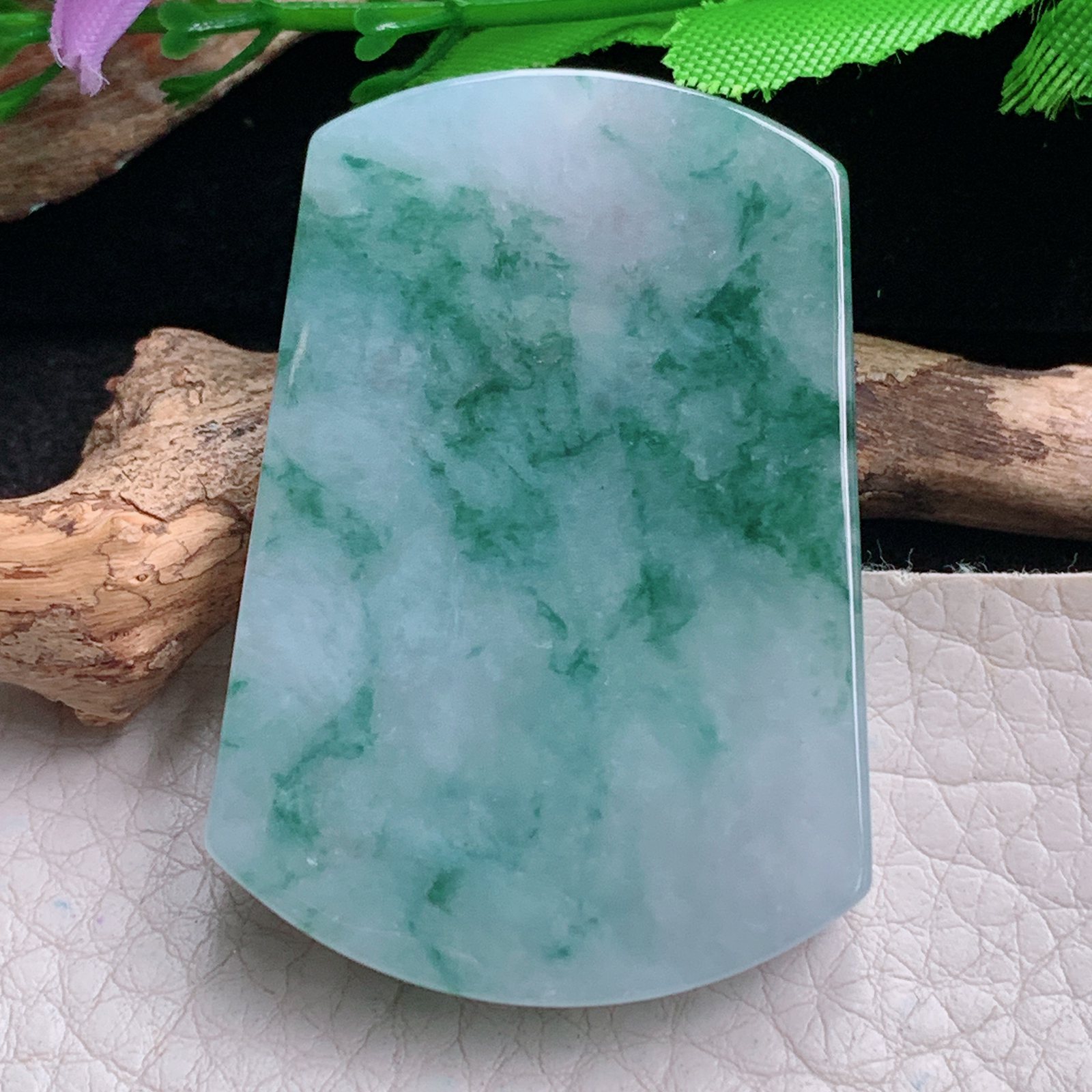 ktj实拍60.8*35*6.5天然缅甸翡翠冰飘花平安无事牌吊坠素面牌