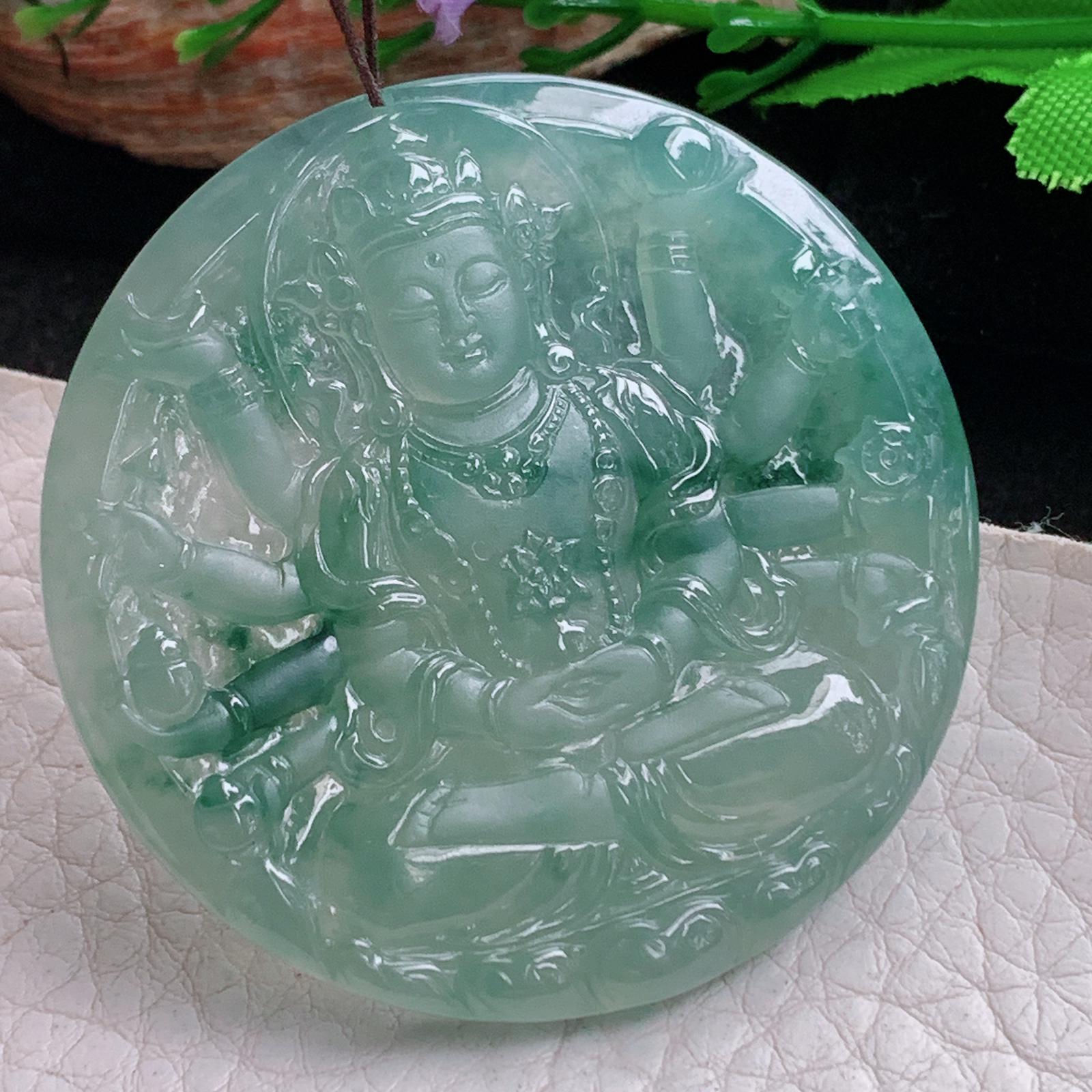 ktj实拍49.8*5.6天然缅甸翡翠冰飘花千手观音 玉观音圆牌玉吊坠 玉挂件