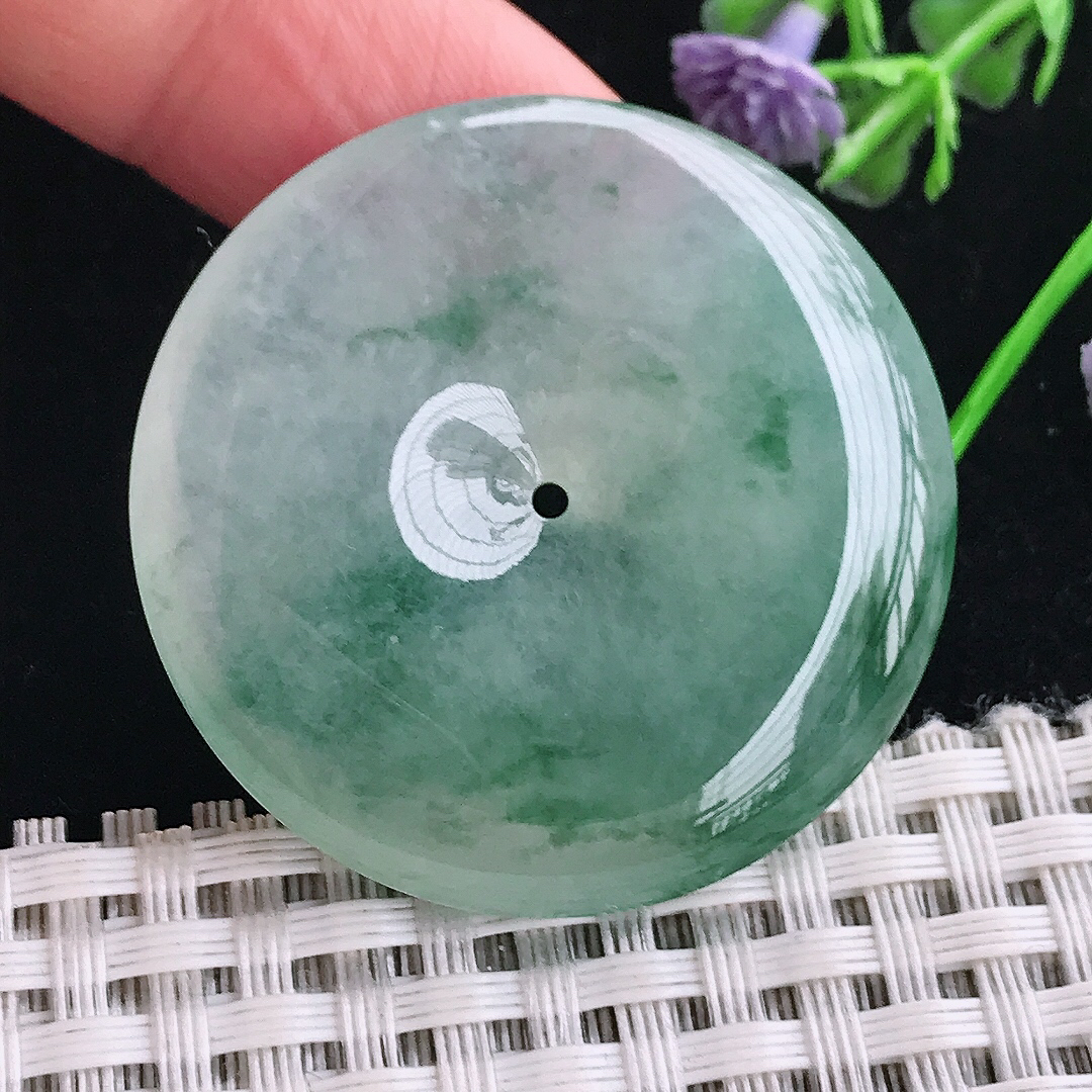 实拍A货翡翠38.5/7老坑冰胶果冻冰飘花平安扣吊坠翡翠玉扣挂件