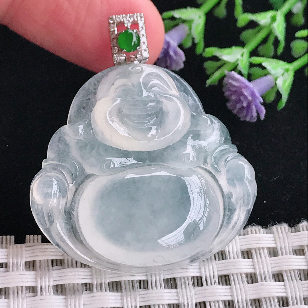 实拍A货翡翠32.6/34.9/6.8老坑18k金镶嵌冰种佛公吊坠翡翠玉佛挂件