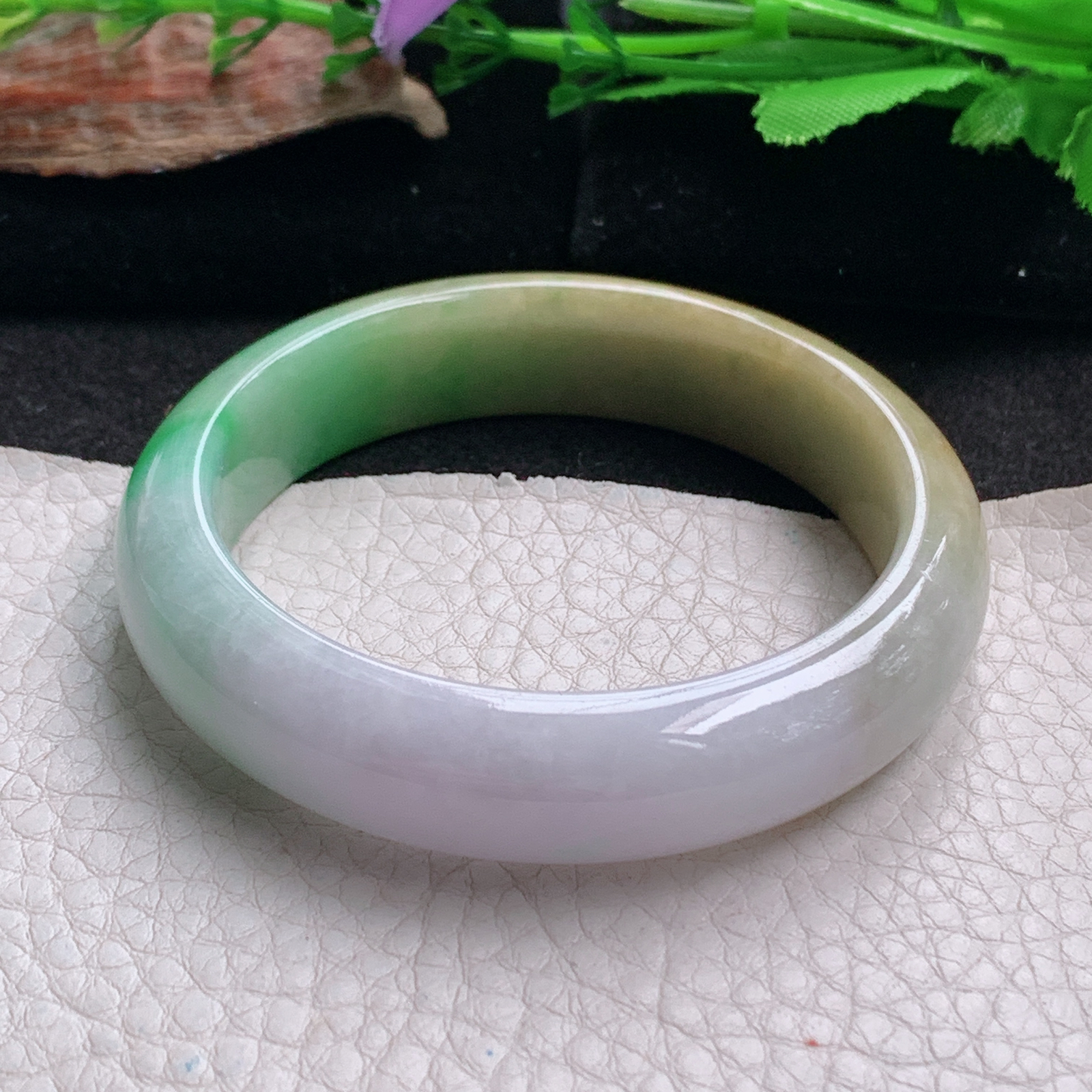 hh实拍53*13.3*7.5平安镯 天然翡翠a货手镯水润三彩正圈玉镯子