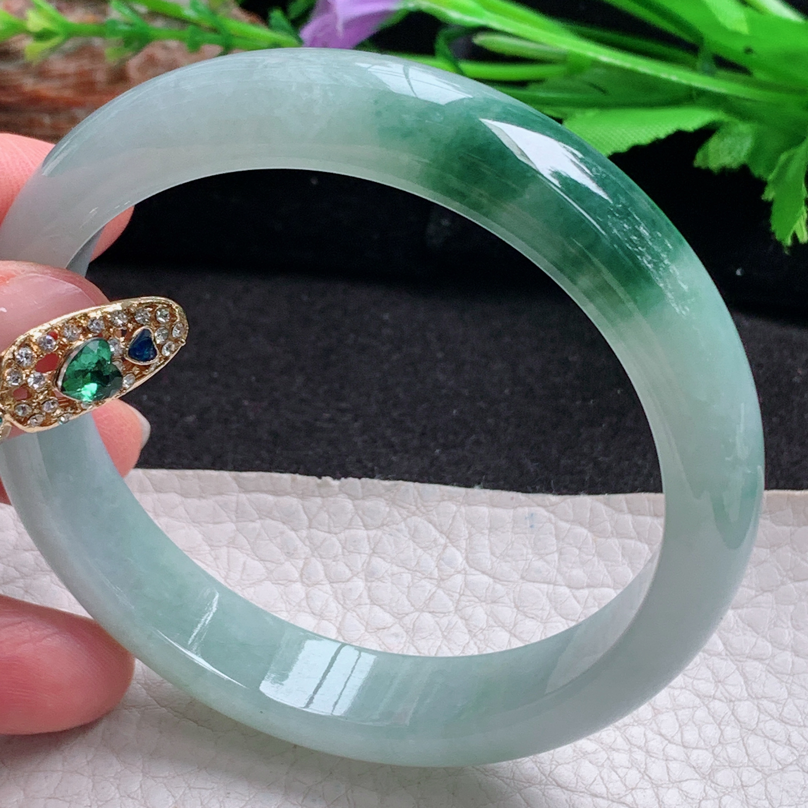 yh大圈口63*13.3*8平安镯 天然翡翠a货手镯冰飘花正圈大气玉镯子