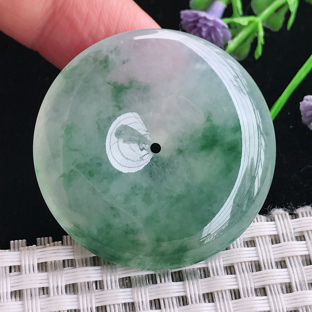 实拍A货翡翠38.5/7老坑冰胶果冻冰飘花平安扣吊坠翡翠玉扣挂件