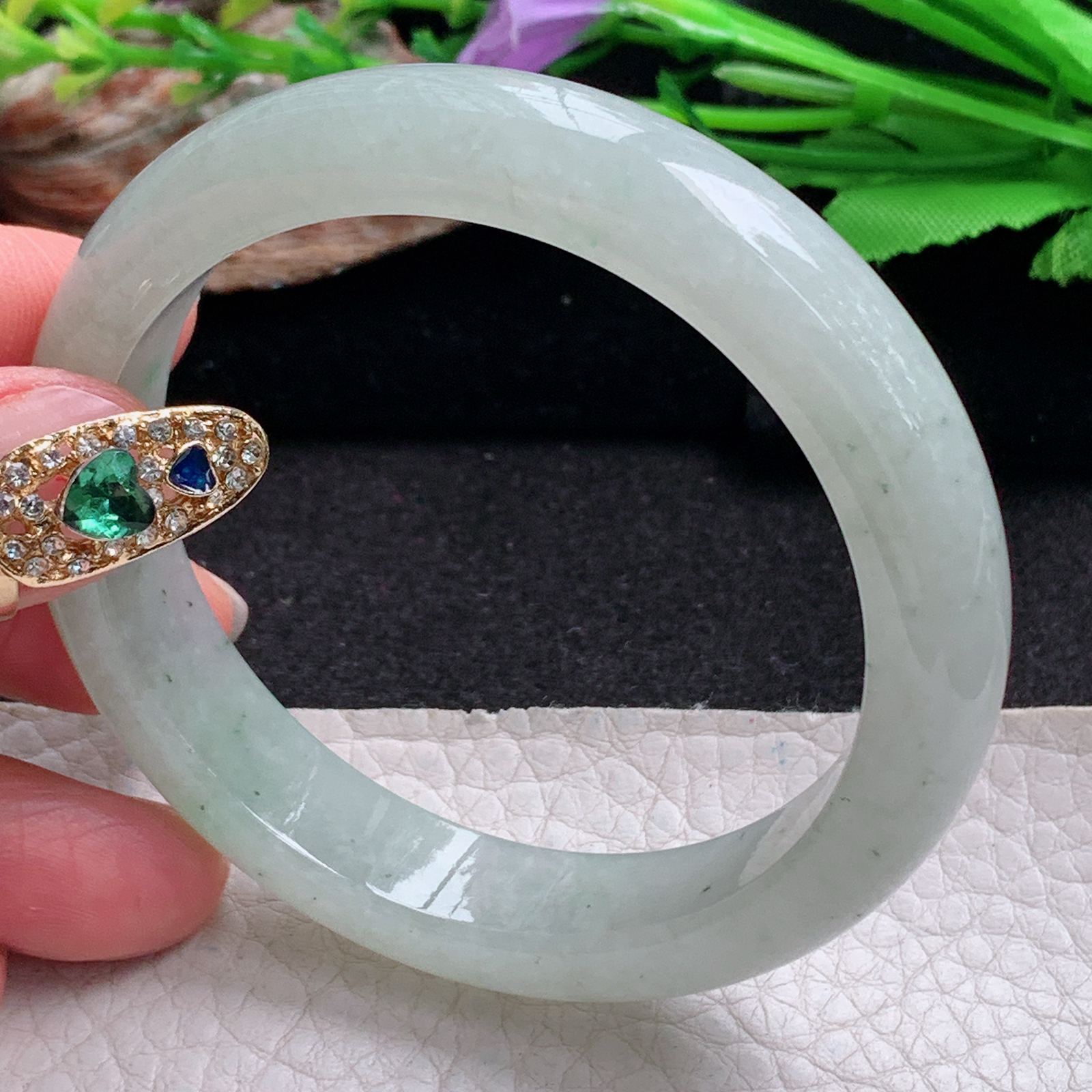 ll实拍55.5*12.2*8.5平安镯 天然翡翠a货手镯胶感飘绿正圈玉镯子