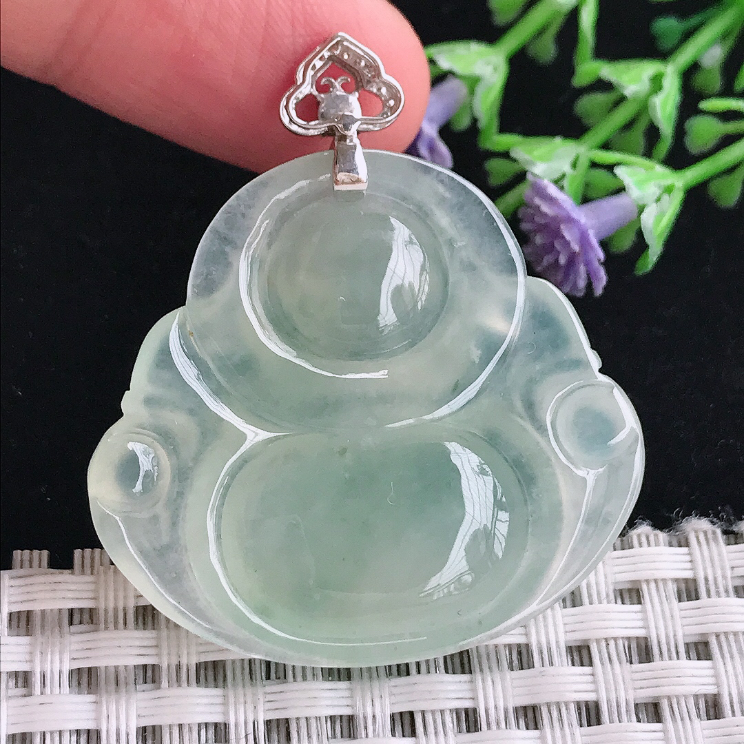 实拍A货翡翠34/36.6/6.6老坑18k金镶嵌冰晴飘花佛公吊坠翡翠玉挂件