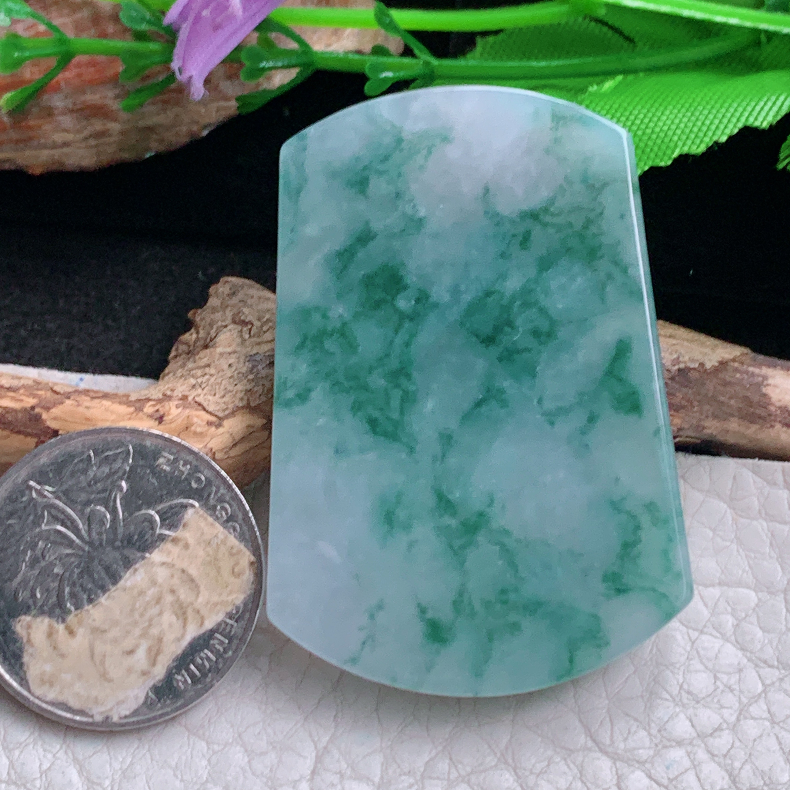 ktj实拍60.8*35*6.5天然缅甸翡翠冰飘花平安无事牌吊坠素面牌