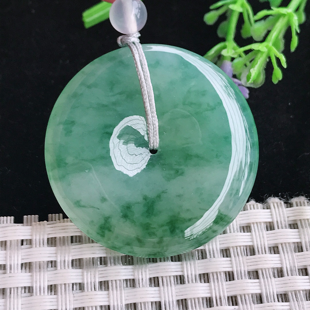 实拍A货翡翠35.9/5.8老坑冰胶果冻飘花平安扣吊坠翡翠玉扣挂件顶珠为装饰珠