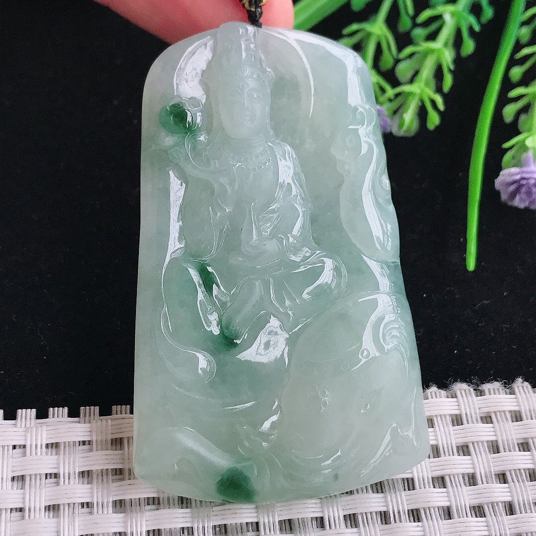 实拍A货翡翠52.6/31.5/6老坑冰胶果冻飘花普贤菩萨吊坠翡翠玉挂件