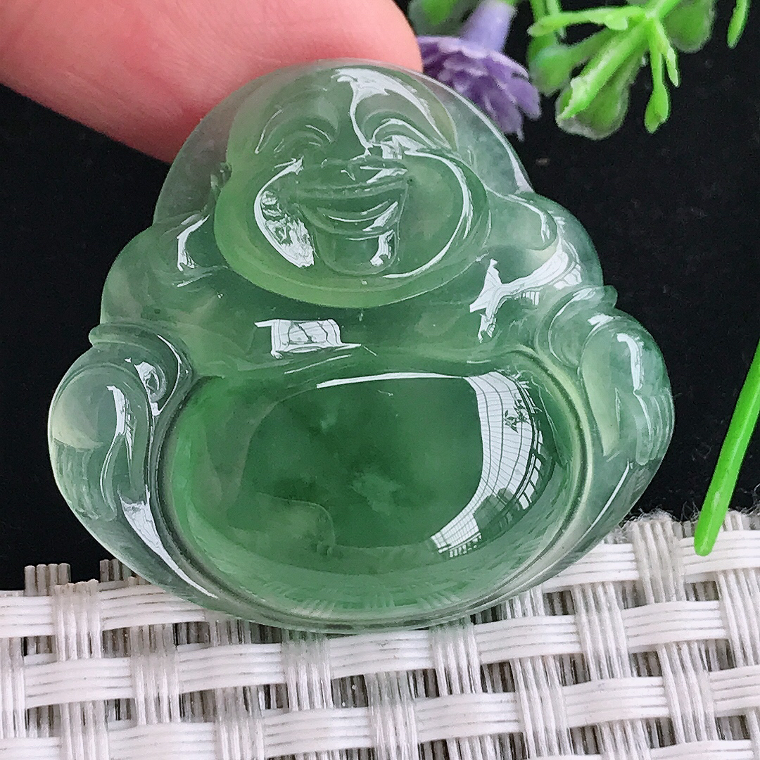 实拍A货翡翠32.8/35.3/6.8老坑冰种果冻胶满绿佛公吊坠翡翠玉佛挂件
