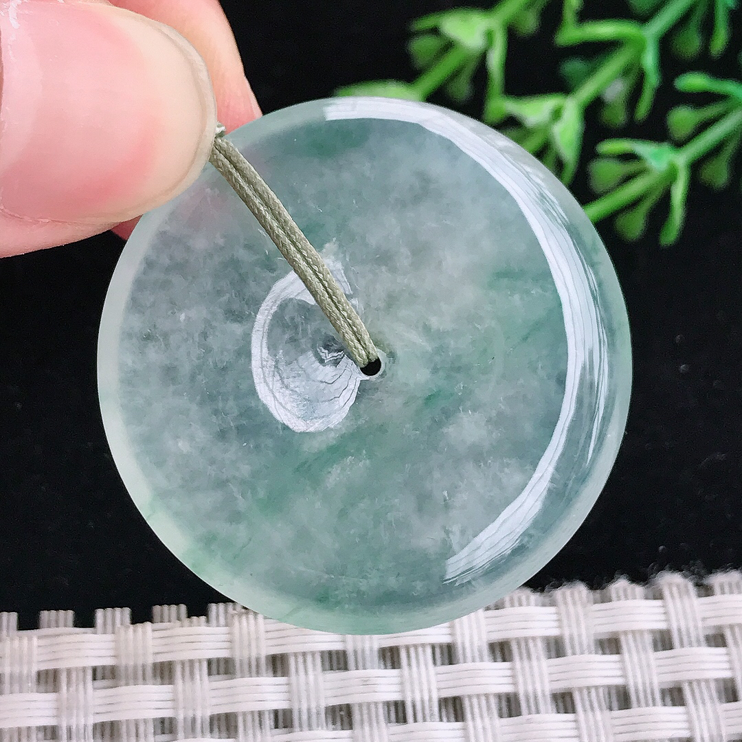 实拍A货翡翠35.5/5.9老坑冰种果冻胶冰飘花平安扣吊坠翡翠玉挂件