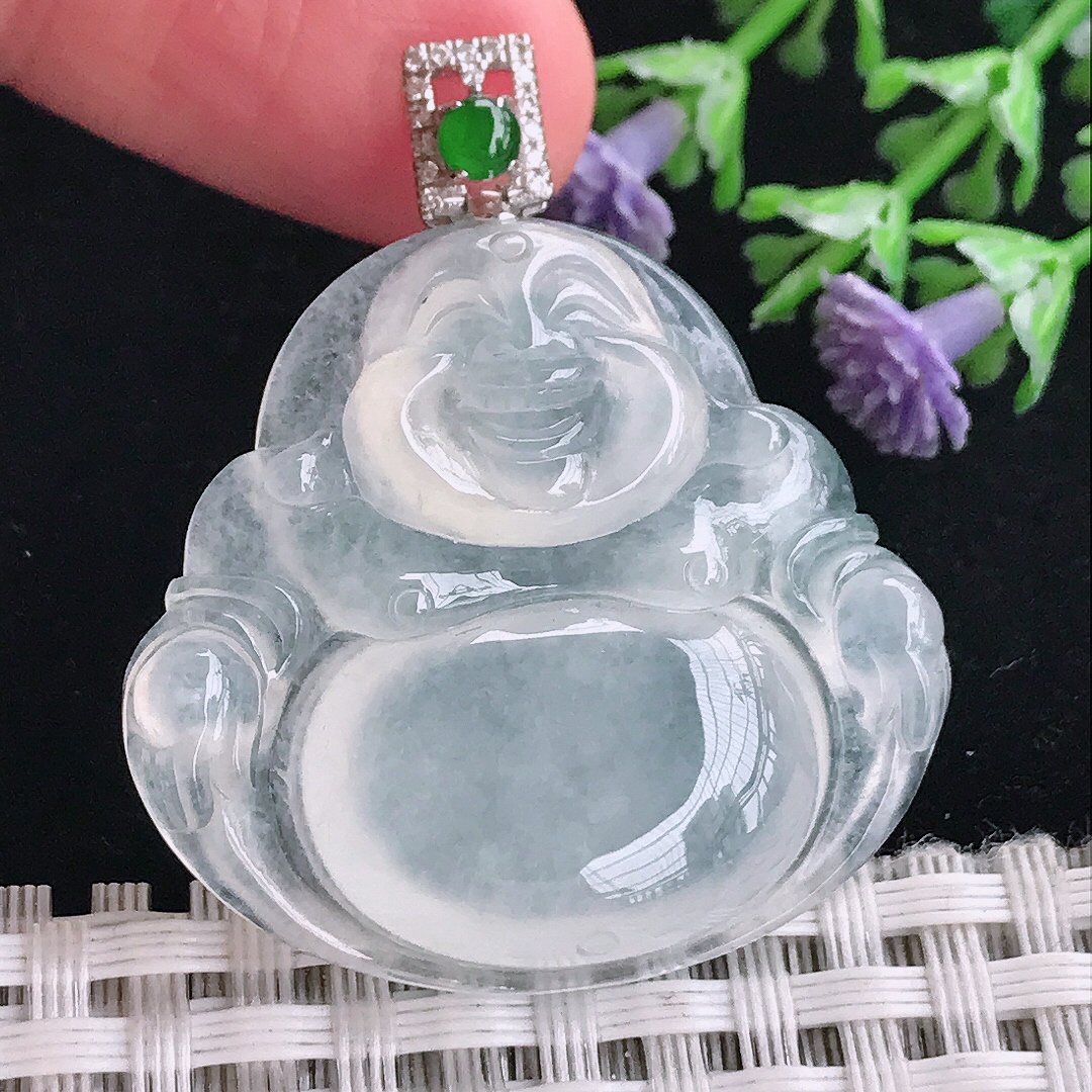 实拍A货翡翠32.6/34.9/6.8老坑18k金镶嵌冰种佛公吊坠翡翠玉佛挂件