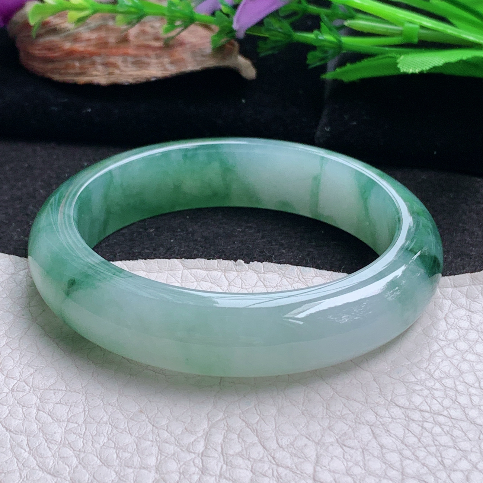 ax实拍56*13.8*8.6平安镯 天然翡翠a货手镯冰飘花厚装大气正圈玉镯子