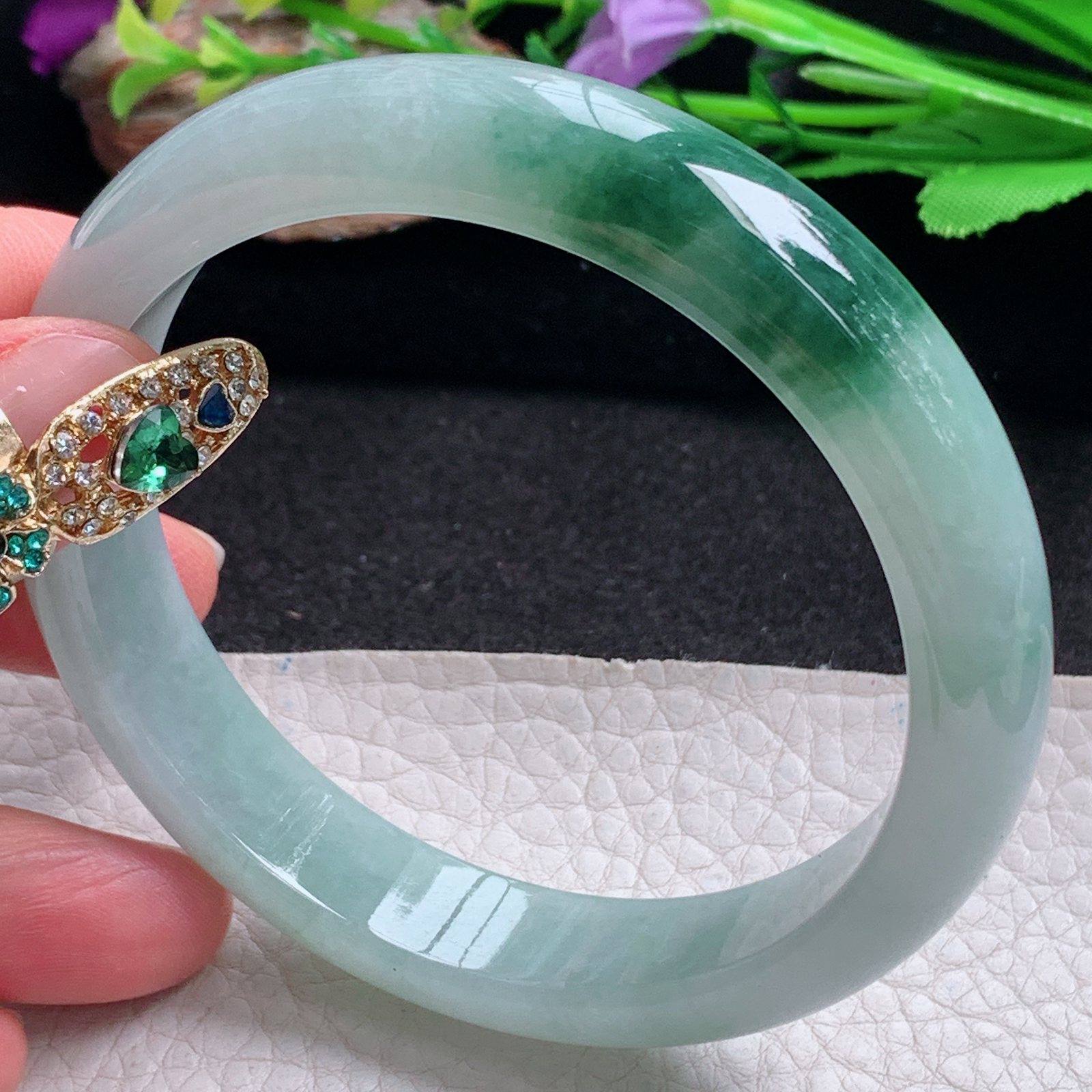 yh大圈口63*13.3*8平安镯 天然翡翠a货手镯冰飘花正圈大气玉镯子