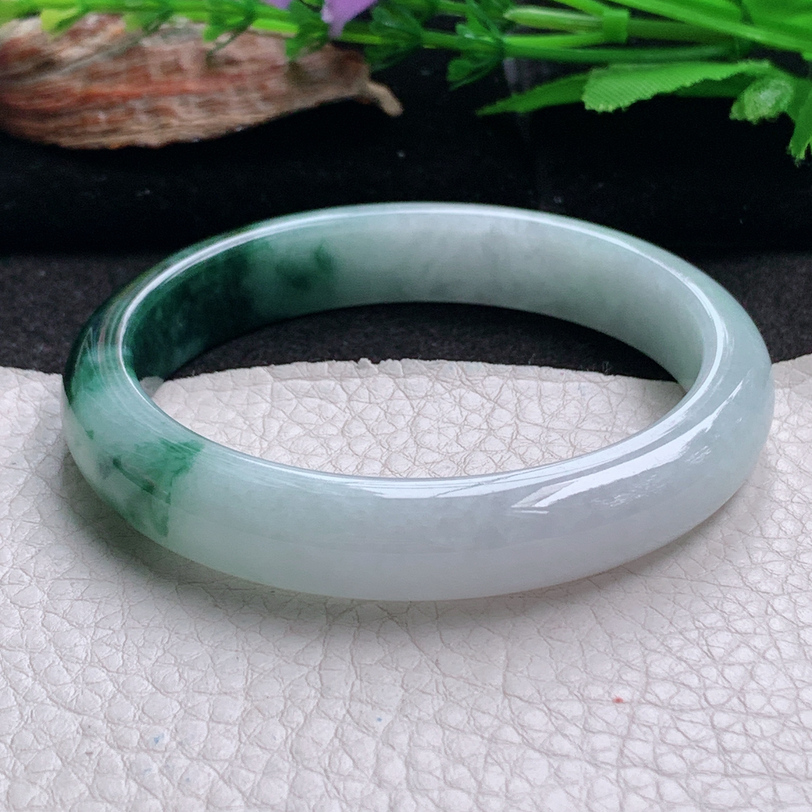 js大圈口60*12*7.7招财镯 天然翡翠a货手镯辣色半山半水正圈玉镯子