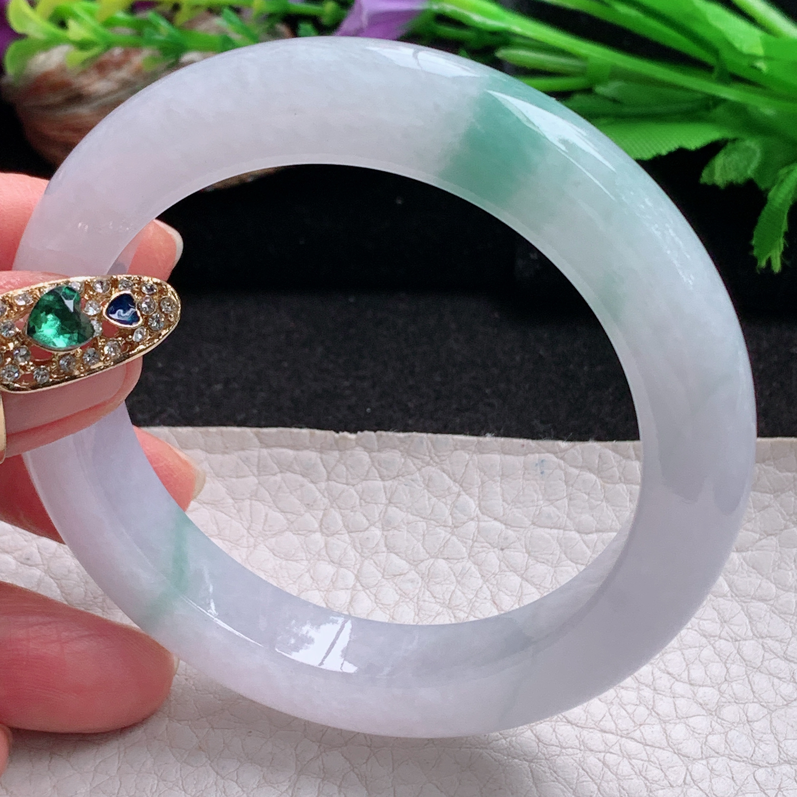 xc实拍56.3*11.5*10平安镯 天然翡翠a货手镯冰胶飘花厚装正圈玉镯子