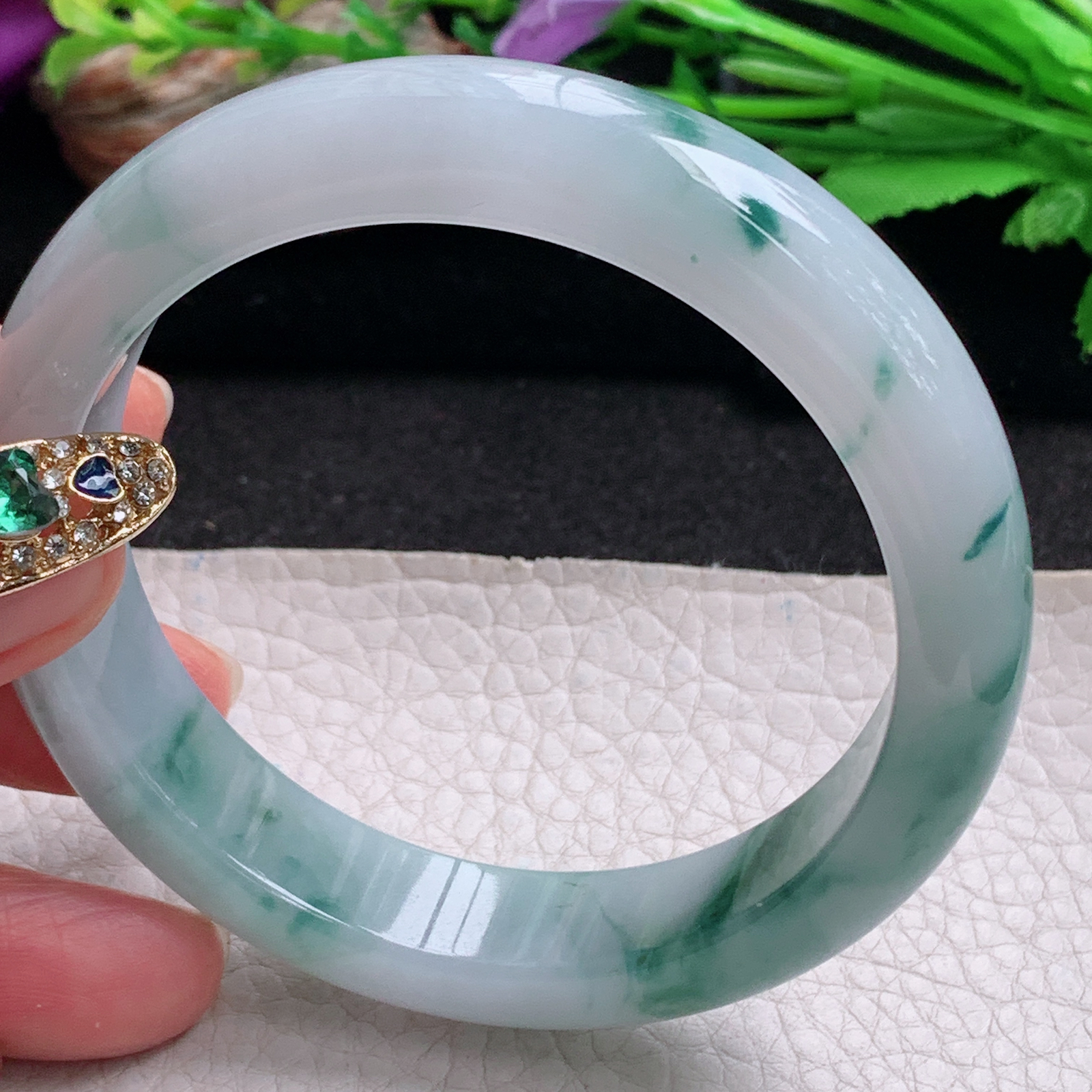 xc实拍58.5*13.5*8.3平安镯 天然翡翠a货手镯冰飘花正圈是大气玉镯子