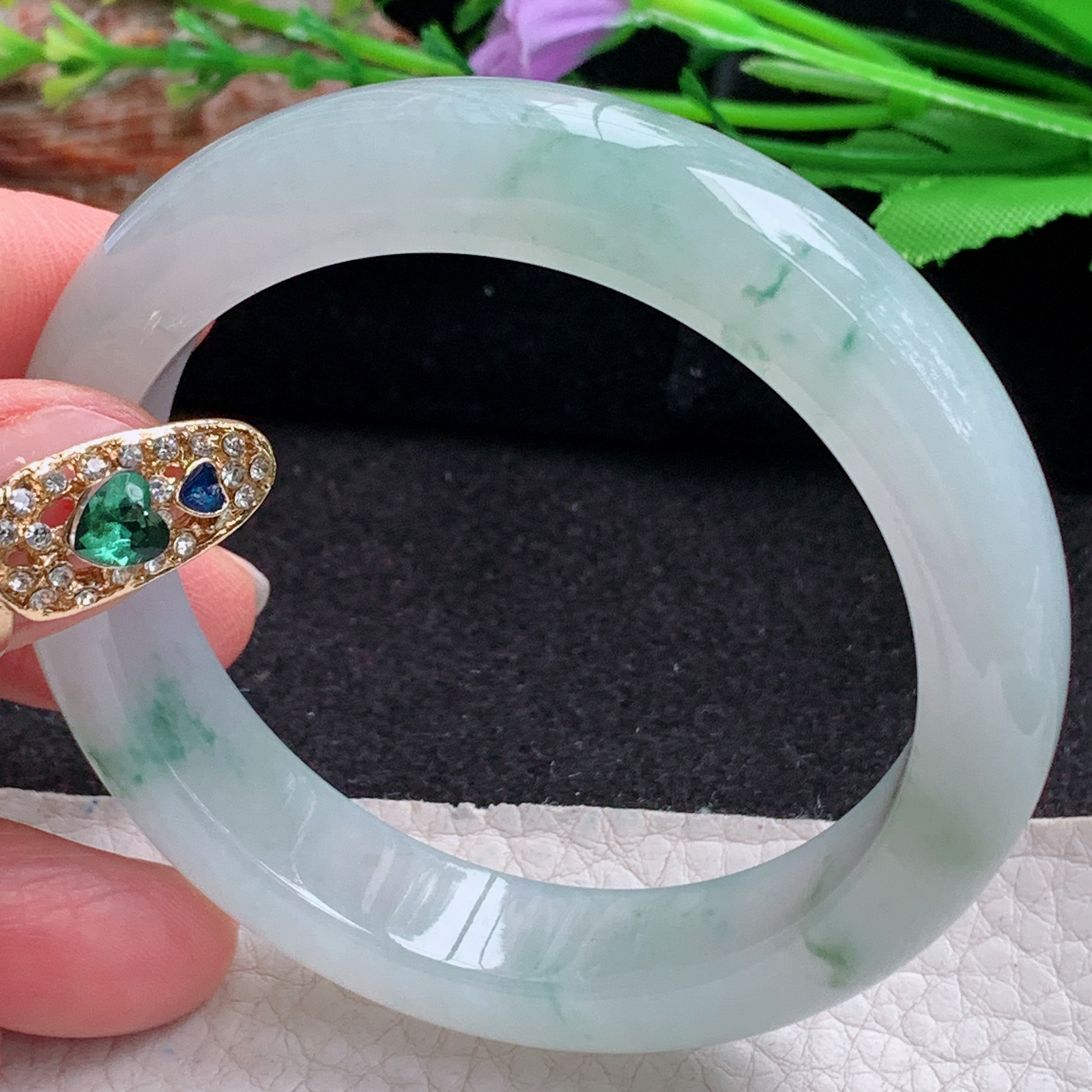 ax实拍54*12.3*8.3平安镯 天然翡翠a货手镯冰飘花厚装大气正圈玉镯子