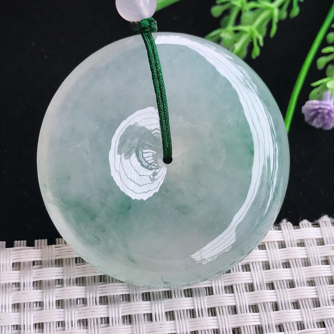 实拍A货翡翠49.6/10.5老坑冰种果冻胶冰飘花超大平安扣吊坠翡翠玉挂件