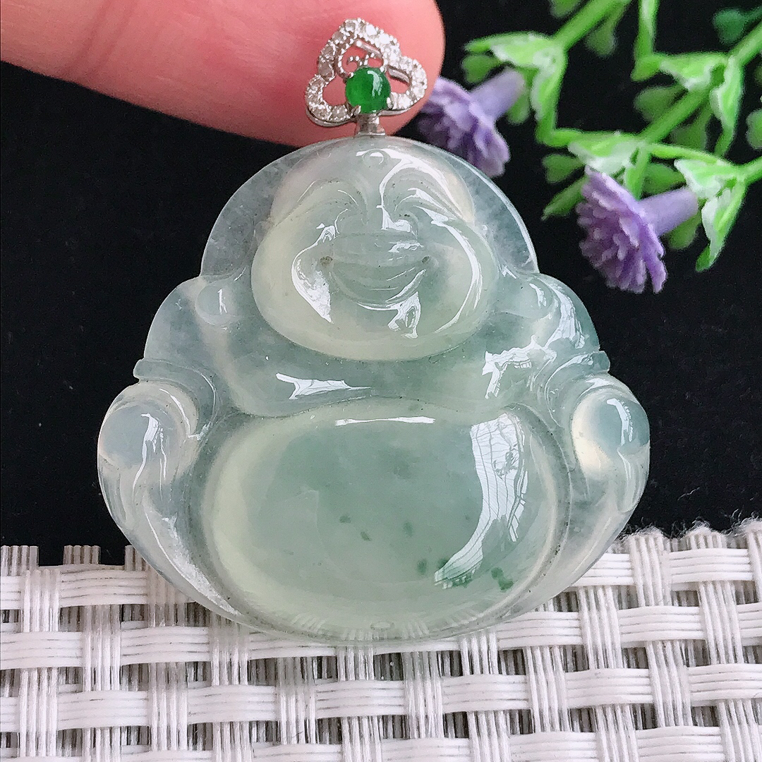 实拍A货翡翠34/36.6/6.6老坑18k金镶嵌冰晴飘花佛公吊坠翡翠玉挂件