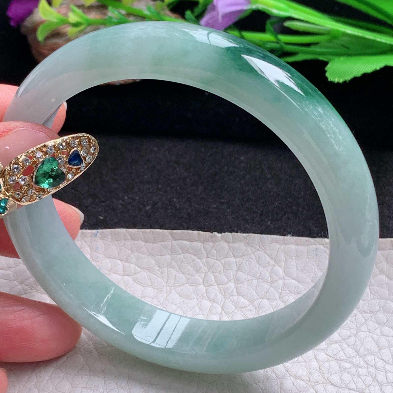 yh大圈口63*13.3*8平安镯 天然翡翠a货手镯冰飘花正圈大气玉镯子