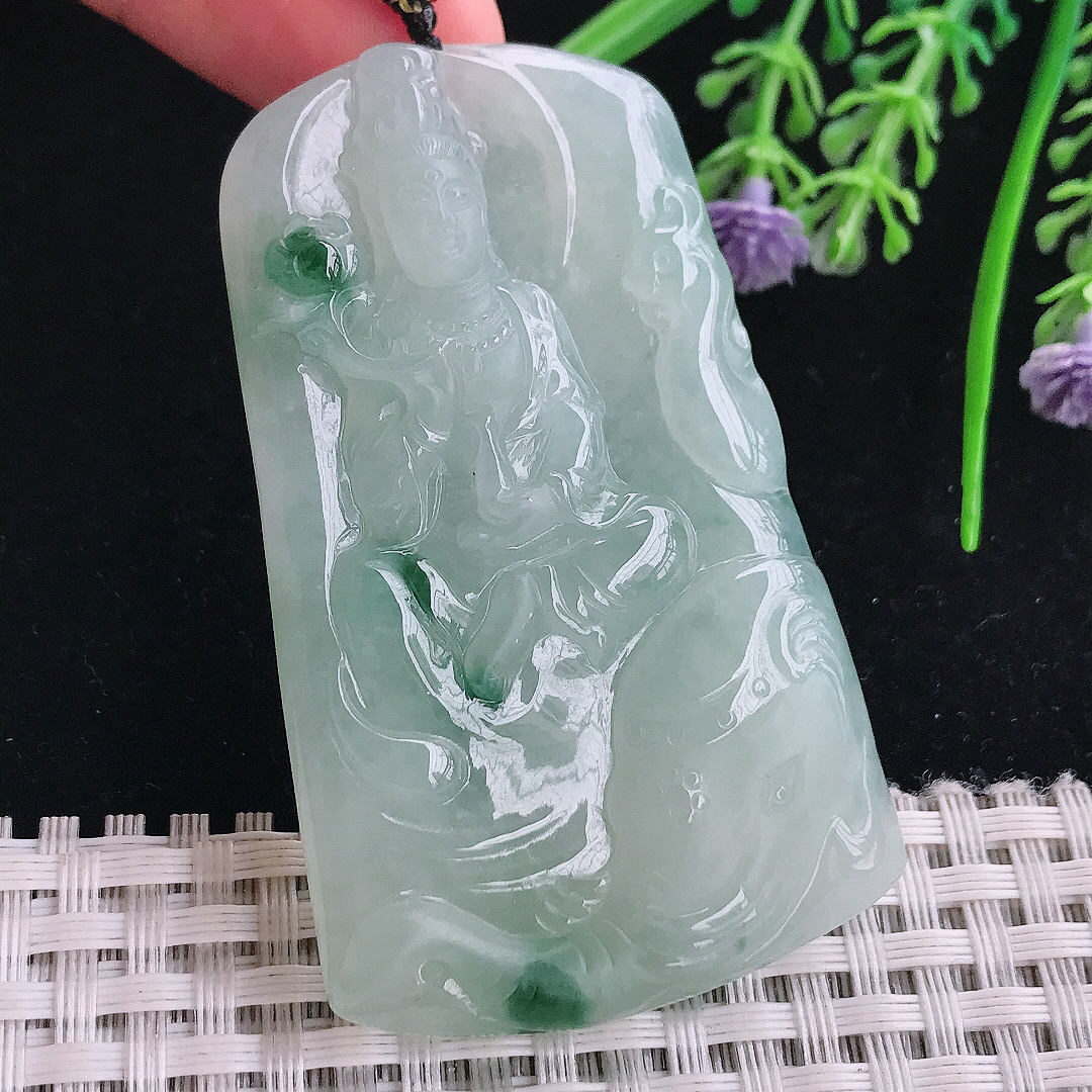 实拍A货翡翠52.6/31.5/6老坑冰胶果冻飘花普贤菩萨吊坠翡翠玉挂件