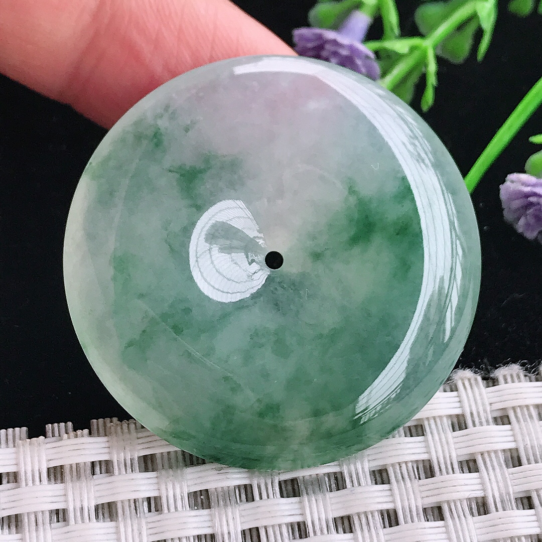 实拍A货翡翠38.5/7老坑冰胶果冻冰飘花平安扣吊坠翡翠玉扣挂件