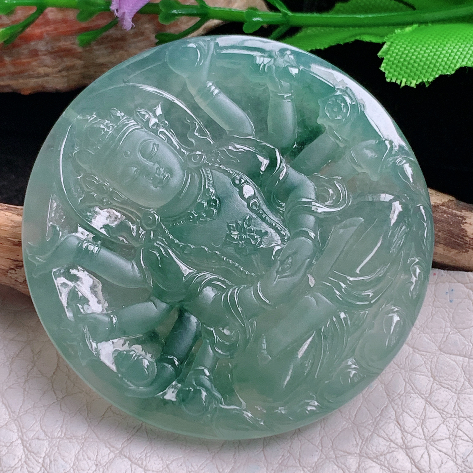 ktj实拍49.8*5.6天然缅甸翡翠冰飘花千手观音 玉观音圆牌玉吊坠 玉挂件