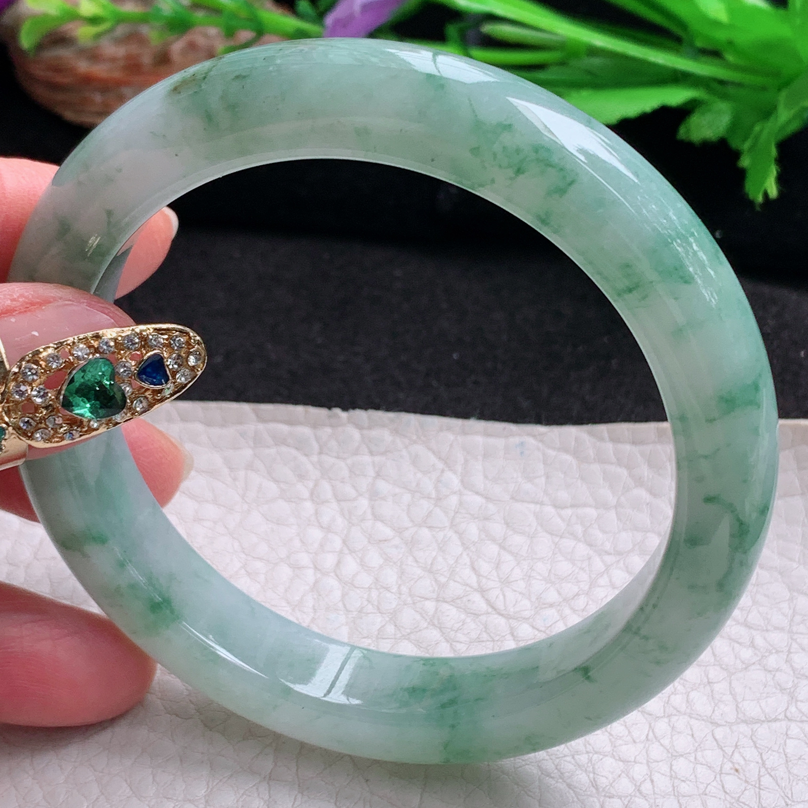 yh大圈口61.5*12*9.6平安镯 天然翡翠a货手镯冰飘花正圈玉镯子