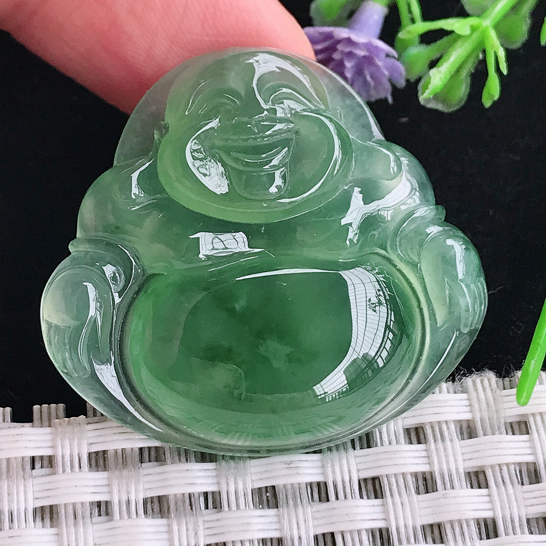 实拍A货翡翠32.8/35.3/6.8老坑冰种果冻胶满绿佛公吊坠翡翠玉佛挂件