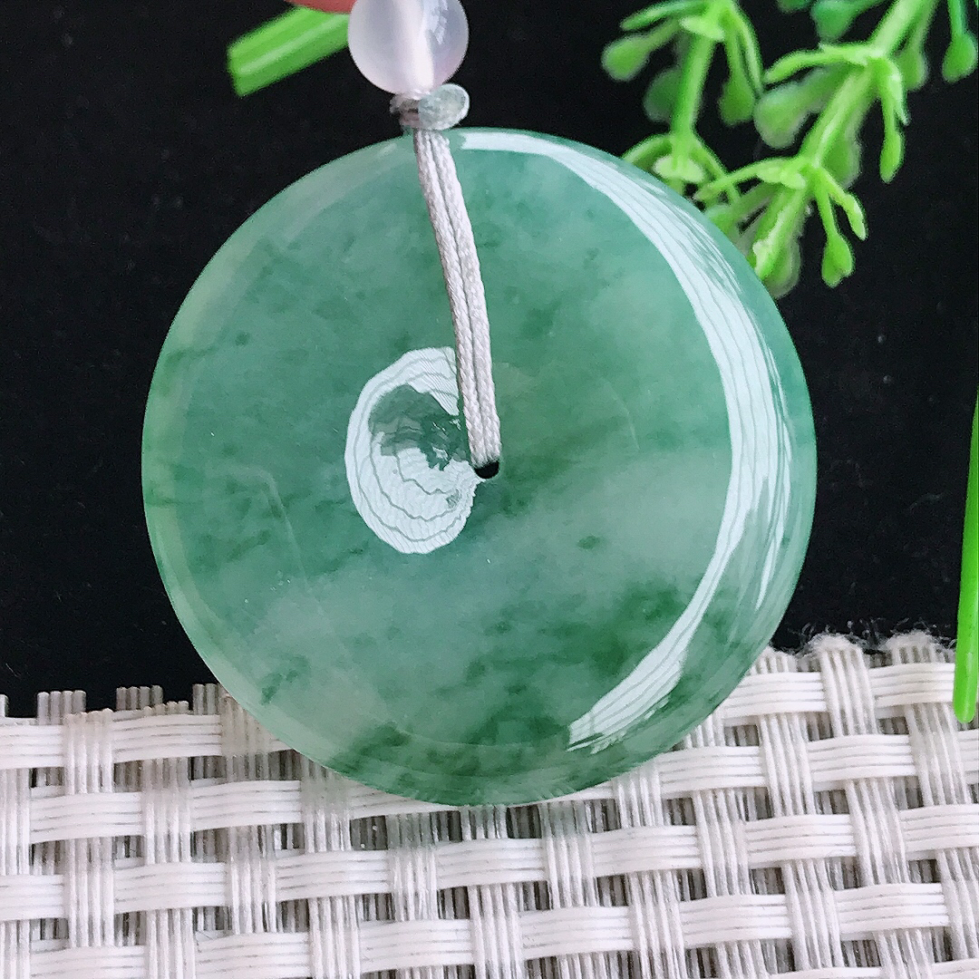 实拍A货翡翠35.9/5.8老坑冰胶果冻飘花平安扣吊坠翡翠玉扣挂件顶珠为装饰珠