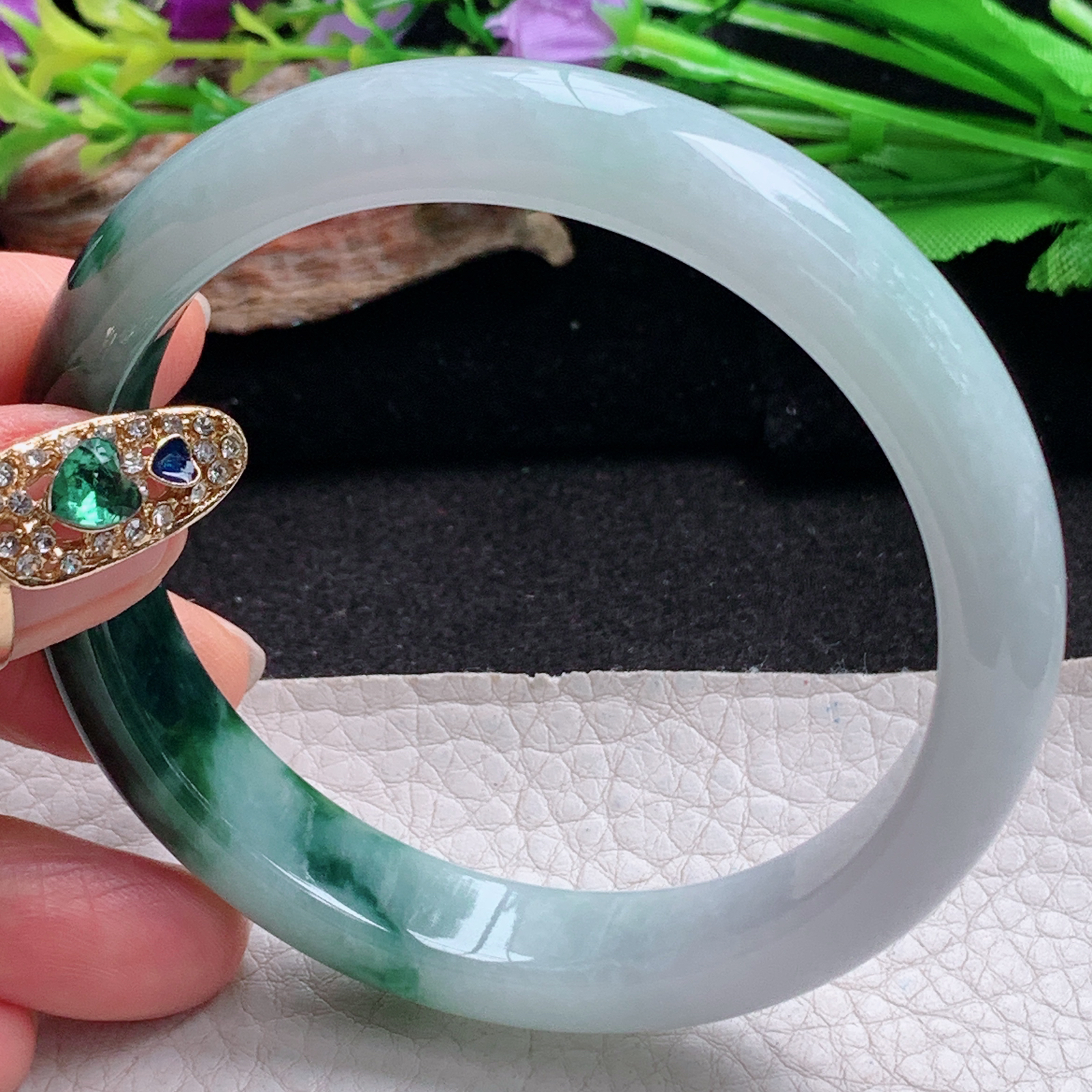 js大圈口60*12*7.7招财镯 天然翡翠a货手镯辣色半山半水正圈玉镯子