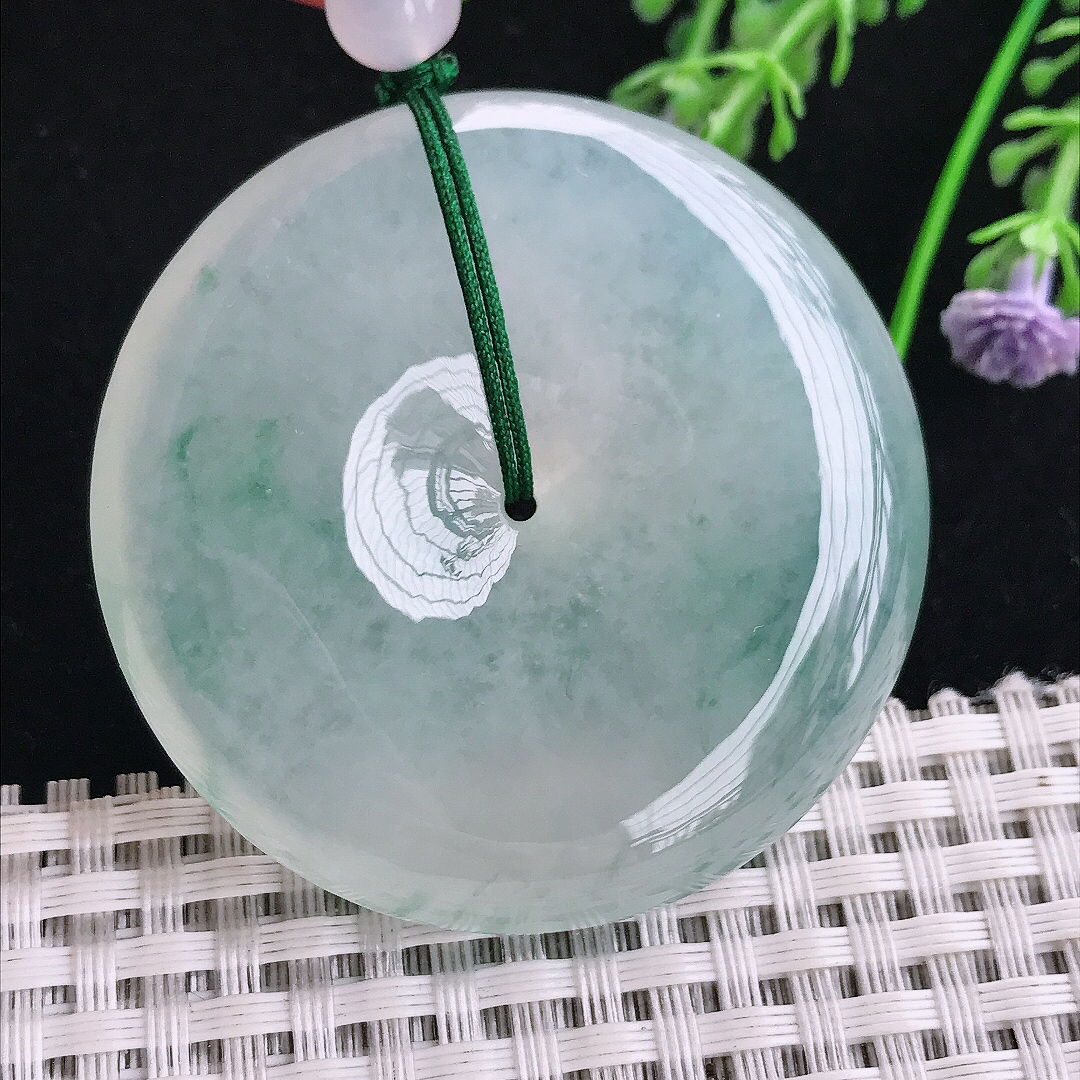 实拍A货翡翠49.6/10.5老坑冰种果冻胶冰飘花超大平安扣吊坠翡翠玉挂件