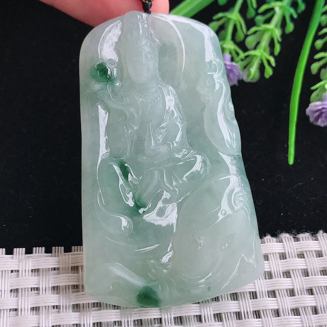 实拍A货翡翠52.6/31.5/6老坑冰胶果冻飘花普贤菩萨吊坠翡翠玉挂件